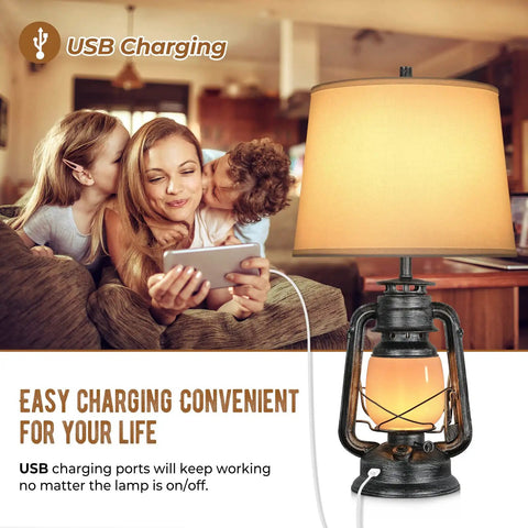 Set Of 2 Farmhouse Table Lamps With USB Port Three Way Dimmable Touch Nightstand Lights Bedside Lamps for Bedroom