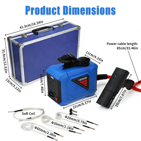 Pro Grade Magnetic Induction Heater Kit For Locked Up Bolts And Seized Bearings Fast Flameless Warming Device dimensions and components in a blue case.