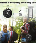 Couple hiking with On The Go Solar Heated Camp Shower Bag 5 Gal 20L With Foot Pump Portable Outdoor Shower, 10-inch bag shown