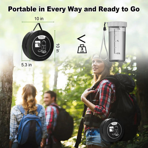 Couple hiking with On The Go Solar Heated Camp Shower Bag 5 Gal 20L With Foot Pump Portable Outdoor Shower, 10-inch bag shown