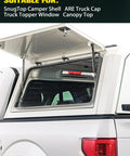 Beefy 17 Inch Gas Struts Lift Supports For Camper Shells And Truck Caps, back window lifted open, showing mechanism