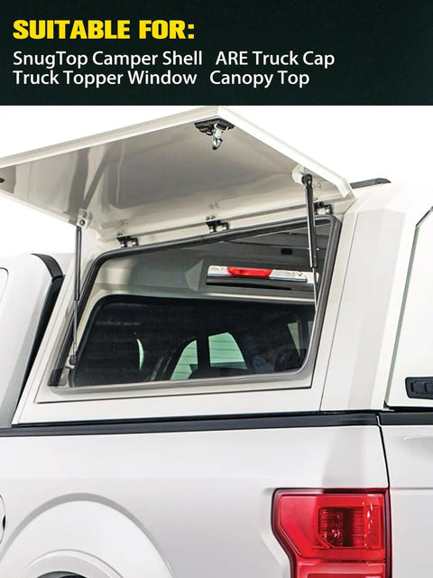 Beefy 17 Inch Gas Struts Lift Supports For Camper Shells And Truck Caps, back window lifted open, showing mechanism