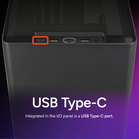 Close-up of USB Type-C port on NR200P V2 Mini ITX PC Case Built For SFX PSU 280mm AIO Ready 357mm Vertical GPU Mount Tempered Glass DIY.