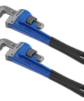Two blue 10-inch pipe wrenches from Four Piece Beefy Heavy Duty Pipe Wrenches Set With Adjustable Straight Wrenches 8 10 14 18 Inches Plumbers Wrench Kit Soft Grip Handles Heat Treated High Carbon Steel Durable Plumbing Tool