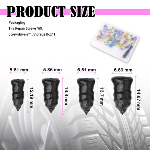 Product size of Self Service Tire Plugs Kit With Screwdriver 60Pcs Universal Emergency Tire Repair Tool Screw In Puncture Fix Kit For Cars.