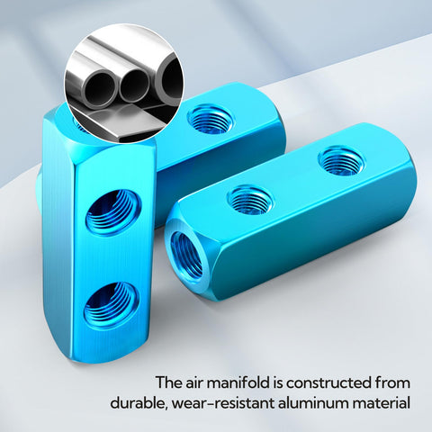 Four Piece Two Way Five Port Aluminum Air Compressor Manifold With One Quarter Inch Output Port And One Quarter Inch Supply Port