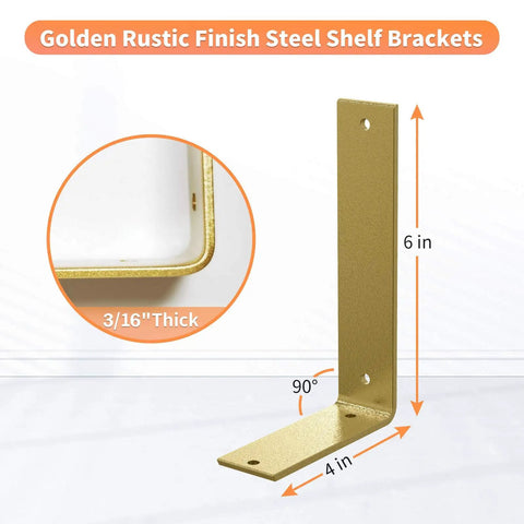 Heavy Duty 6 Inch L Shelf Brackets In Rustic Gold Iron For Industrial Modern Floating Shelves With Hardware DIY Open Shelving 4 Pack Sturdy Support Holds About 80 Lbs showing dimensions and thickness