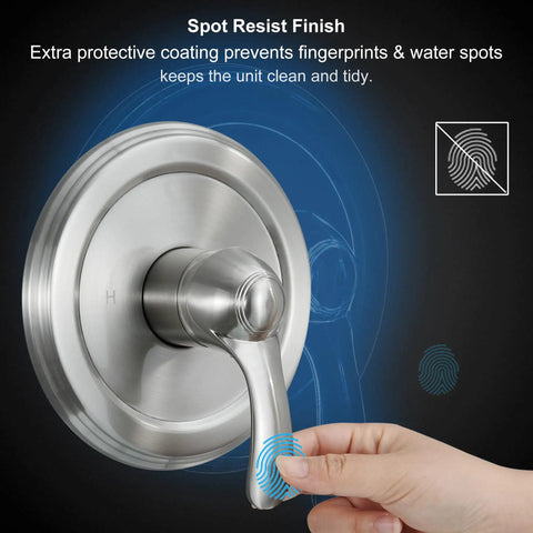 Slick Brushed Nickel Tub Shower Faucet Trim Kit With Smooth Single Handle Controls features spot resist finish minimizing fingerprints.