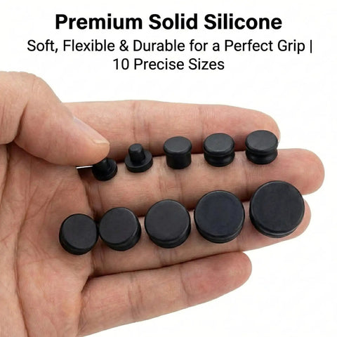 Hand holding 150 Piece Solid Silicone Hole Plugs Set For Powder Coating And Lab Use T Type Rubber Stoppers in 10 sizes.