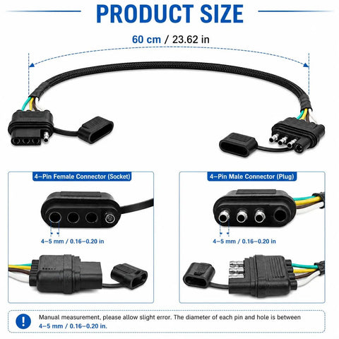 24 Inch 18AWG 4 Pin Trailer Wire Extension And 4 Way Flat Wiring Harness With Dust Cover, showing product size and connector details.