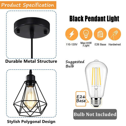 Black Pendant Lights 2 Pack Farmhouse Industrial Metal Cage Ceiling Fixtures Adjustable Hanging Lights