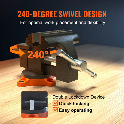 Built Tough Cast Iron Vise With Anvil, 4.5 Inch Jaw Width And 3.3 Inch Opening, 240 Degree Swivel Locking Base on wooden workbench.