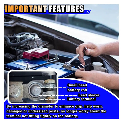 Heavy Duty Car Battery Terminal Adapters Slick Pure Lead Post Shims installed on a battery for secure electrical connection.
