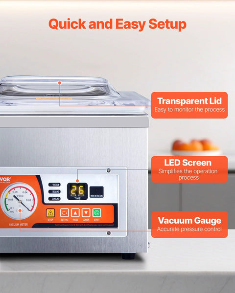 Front view of VEVOR chamber vacuum sealer with transparent lid, stainless steel body and LED display.