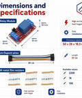 Ten Piece 5V DC One Channel Relay Module Kit With Optocoupler Isolation High And Low Level Trigger All In One 20 Cm Jumper Wires And 10K 1K 220R Resistors For Arduino And Raspberry Pi, dimensions and parts