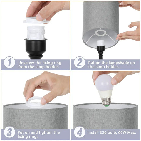 Assembly steps for touch bedside lamps set of 2 with dual USB ports, gray fabric shade and black vase base, bulbs not included.