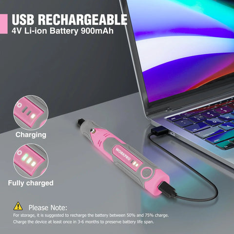 Cordless Rotary Tool Kit With 71-Piece Accessory Set, 3 Speeds, USB Rechargeable Mini Rotary Tool charging via laptop.