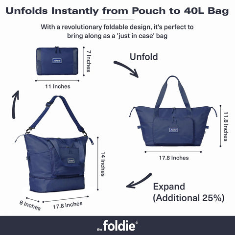 Foldable Travel Tote Bag For Women, 40L Weekender Duffel With Multiple Pockets And Luggage Sleeve, showing folded and expanded views.
