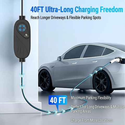 Top Shelf Performance Delivered By Forty Foot Level One And Two Portable Electric Charger With J1772 Connector, 40ft cable for flexible charging.