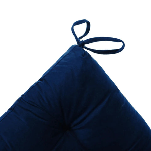 Corner view of Set Of 2 37x18 Navy Blue Outdoor Dining Chair Cushions with ties in durable polyester canvas
