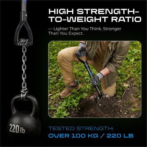 Lightweight Carbon Fiber Camp Shovel With D Handle, 28 Inch Portable Digging Shovel For Camping And Gardening shown in use.