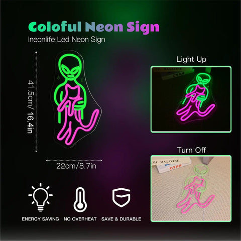 Colorful alien neon sign with acrylic backplane and green and pink LED lights, USB-powered wall decor.