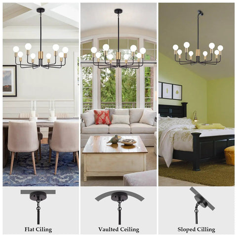8 Light Sputnik Chandelier Pendant Lighting Fixture In Gold And Black for flat, vaulted, sloped ceilings in dining, living, bedroom