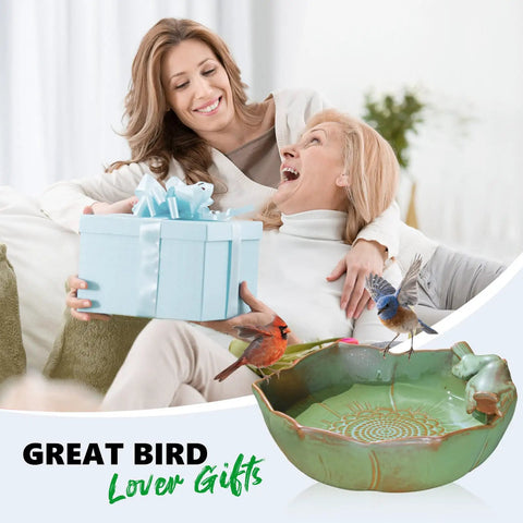 Outdoor Ceramic Bird Bath Built To Last 10.1 Inch Ground Bowl Weather Resistant Garden Bird Bath displayed near two women with gift