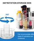 360 Degree Rotating Makeup Organizer Turntable For Vanity And Bathroom Counter Clear Spinning Cosmetic Display Case With Five Compartment Holder For Skincare, Makeup Brushes, Lipsticks And The Must-Have Accessories displaying cosmetics and tools.