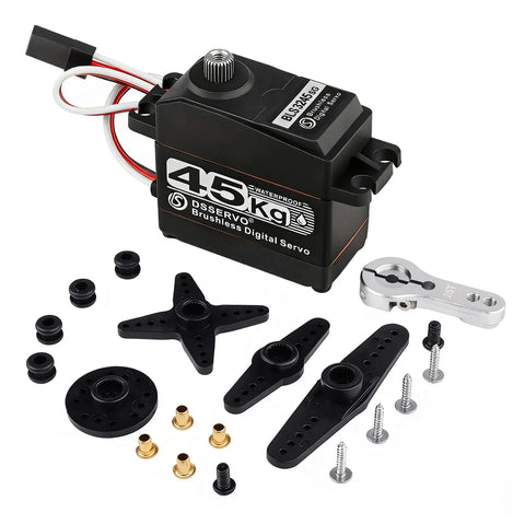 45Kg Brushless RC Servo With Metal Gear High Torque For 1/10 Scale Crawlers Like TRX4 TRX6 SCX10 III Upgrade Parts 270 Degree Travel IP67 Waterproof Design, shown with components and screws
