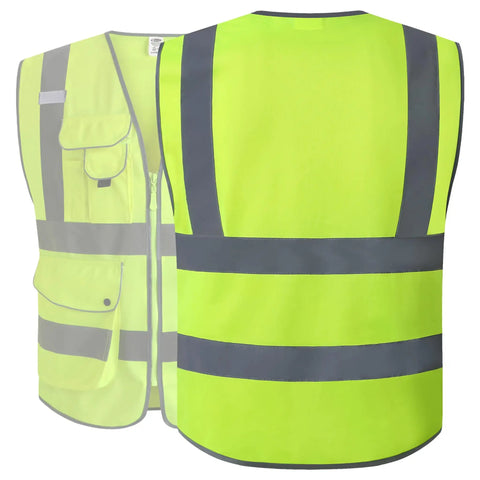 Nine Pockets Class Two High Visibility Zipper Front Safety Vest With Reflective Strips Neon Yellow Meets ANSI ISEA Standard Large