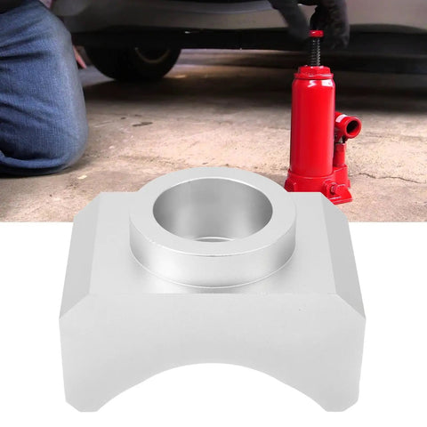 Universal Hydraulic Jack Axle Adapter Lifting Saddle, 6061-T6 Billet Aluminum, Fits Axles Up To 3 Inches, silver adapter in use