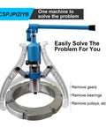Heavy Duty Hydraulic Bearing Puller Featuring Swappable Two Or Three Jaw Configurations For Cracking Off Stubborn Wheel Hubs.