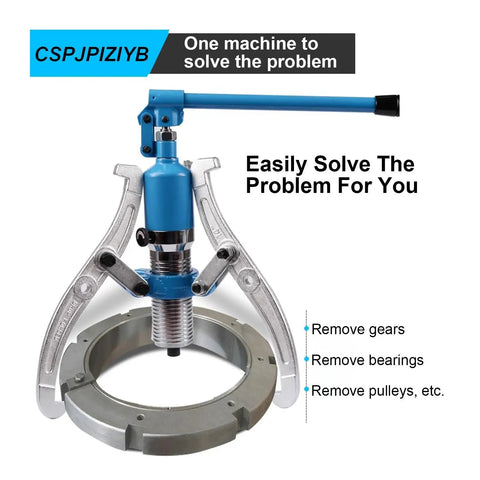 Heavy Duty Hydraulic Bearing Puller Featuring Swappable Two Or Three Jaw Configurations For Cracking Off Stubborn Wheel Hubs.