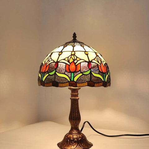 Tulip Flower Tiffany Style Stained Glass Table Lamp With 12 Inch Wide Shade And 18 Inch Tall Handmade Metal Base Cozy Night Light