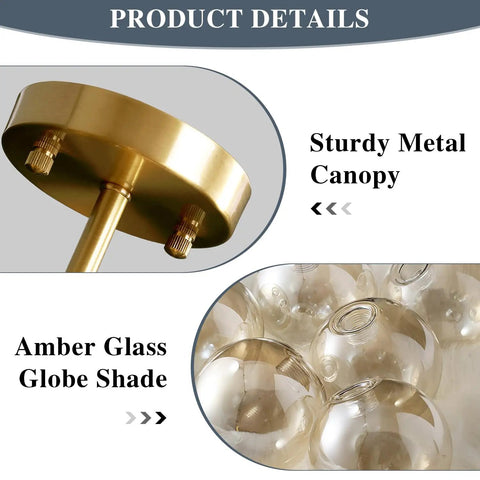 Close-up of Amber Glass Bubble Sputnik Chandelier In Brass Gold Finish, featuring metal canopy and amber glass globe shade