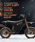 High Output 2000W Electric Dirt Bike With 14X12 Off Road Wheels And Heavy Duty 21Ah Battery displaying specs for height and load capacity.