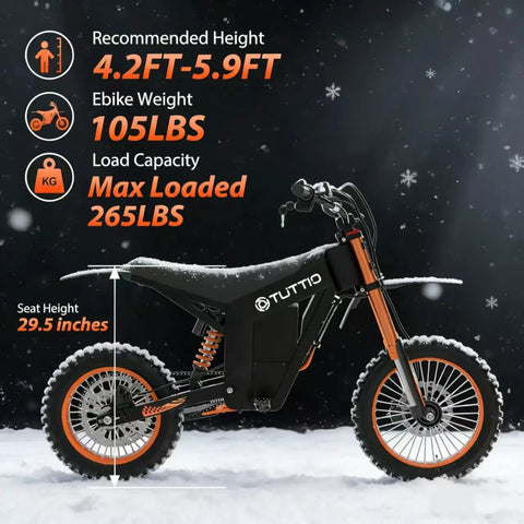 High Output 2000W Electric Dirt Bike With 14X12 Off Road Wheels And Heavy Duty 21Ah Battery displaying specs for height and load capacity.