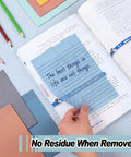 Hand placing blue transparent sticky note with text on book, 8 Pack Colored Transparent Sticky Notes with Lined Translucent Sheets 4x6 Inches Self Adhesive for Planners and Bible Tabs Ultra Handy Back to School Gift Office Supplies 30 Sheets per Pack Clear Aesthetic