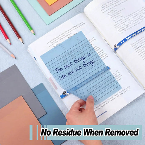 Hand placing blue transparent sticky note with text on book, 8 Pack Colored Transparent Sticky Notes with Lined Translucent Sheets 4x6 Inches Self Adhesive for Planners and Bible Tabs Ultra Handy Back to School Gift Office Supplies 30 Sheets per Pack Clear Aesthetic