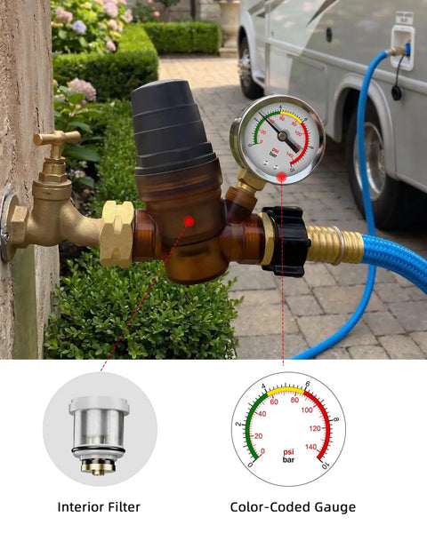 Must-Have RV Water Pressure Regulator With Gauge And Rotatable Dial, Adjustable Camper Water Pressure Reducer With Inlet Screen Filter For Travel Trailers, Protects Plumbing From High Water Pressure, brass 3/4-inch hose connection on RV