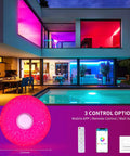 RGB color-changing house exterior with 36W LED Music Ceiling Light With Bluetooth Speaker, remote, app, and wall switch shown