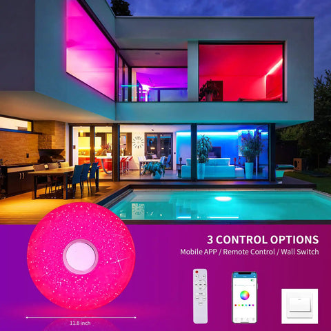 RGB color-changing house exterior with 36W LED Music Ceiling Light With Bluetooth Speaker, remote, app, and wall switch shown