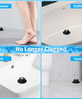 Top Tier Shower Drain Hair Catcher And Bathtub Dome Guard shown in shower, bathtub, sink, and laundry for effective clog prevention.