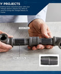 Hands holding a Beefy One Half Inch Black Steel Pipe Nipple Set, assembled close-up with fittings, for DIY furniture and shelving.