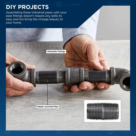 Hands holding a Beefy One Half Inch Black Steel Pipe Nipple Set, assembled close-up with fittings, for DIY furniture and shelving.