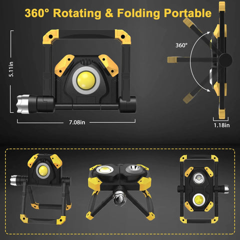 6000 Lumen Magnetic Base Work Light With 360 Degree Rotation And 7000K Warm LEDs, Rechargeable Flood Light dimensions and features