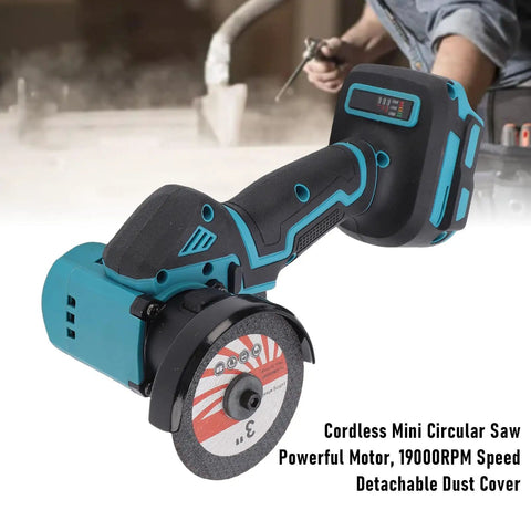 Tough As Nails Cordless Mini Circular Saw 3 Inch 19000RPM Battery Powered Cut Off Workhorse With Dual Blades And Dust Collection Cover For Wood Metal Stone Plastic, close-up view of saw with detachable dust cover.