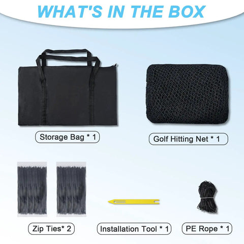 Golf Practice Hitting Net For Backyard Driving Range And Garage Batting Cage, 10 x 10 x 10 Ft, package contents displayed