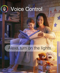 Mother and child in cozy room using Smart WiFi Color Changing Light Bulb 2 Pack RGBW Works With Alexa And Google Assistant Remote App Control Full Spectrum White And Awesome Mood Lighting Easy Setup For Home Automation.